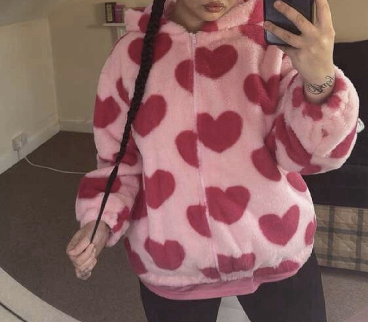 EZwear Pink Heart Pattern Drop Shoulder Zipper Hooded Teddy Comfortable Jacket