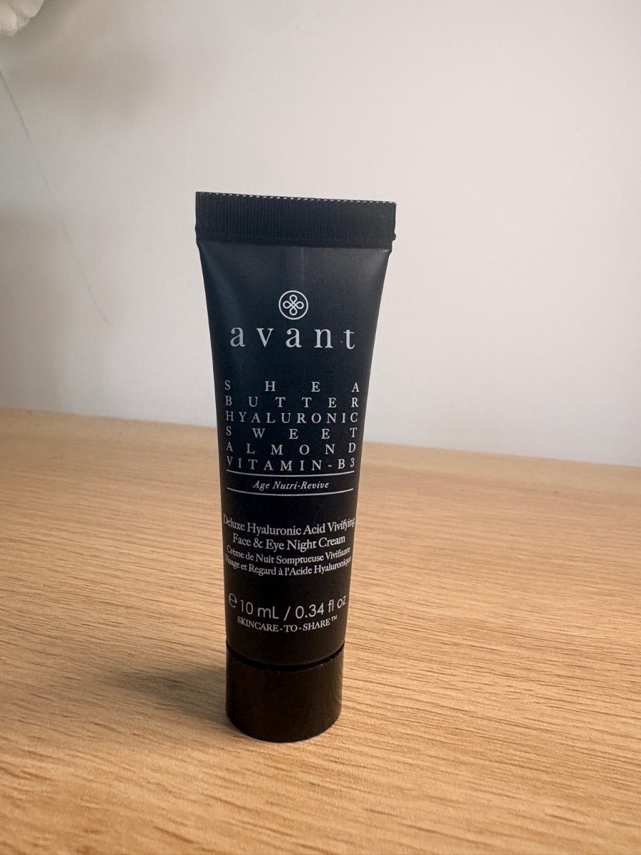 10ml travel-sized tube of Avant Skincare Deluxe Hyaluronic Acid Vivifying Face & Eye Night Cream.
