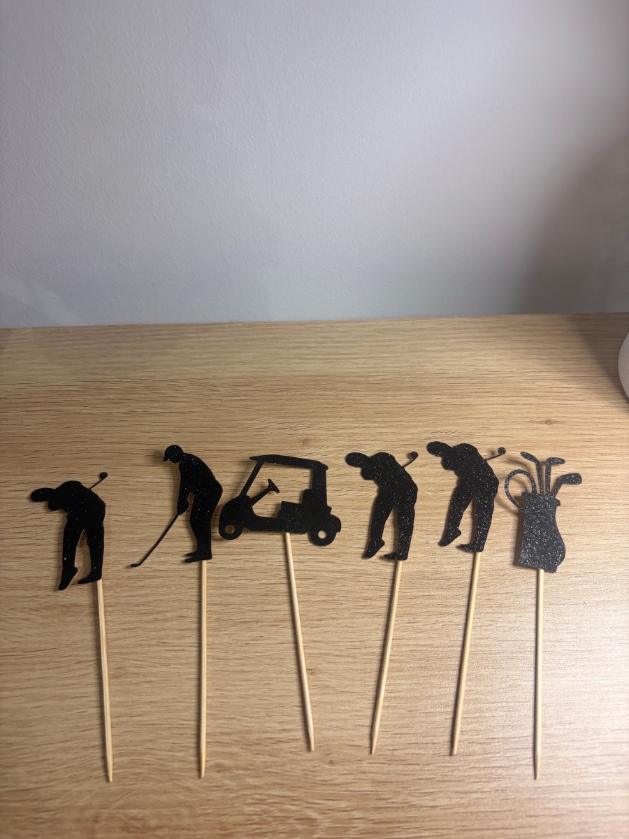 6 golf themed black glitter cupcake toppers