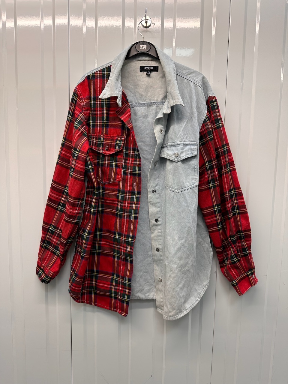 Missguided Patchwork Denim Flannel Shirt Red Tartan Oversized Grunge UK 10 Y2K