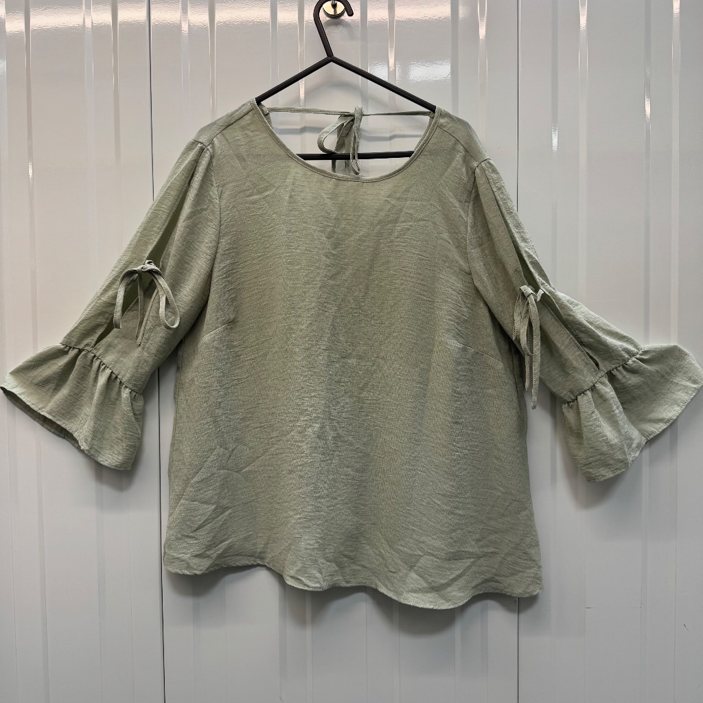George Mint Green Frill Sleeve Blouse UK14 Floaty Top Summer Linen Look