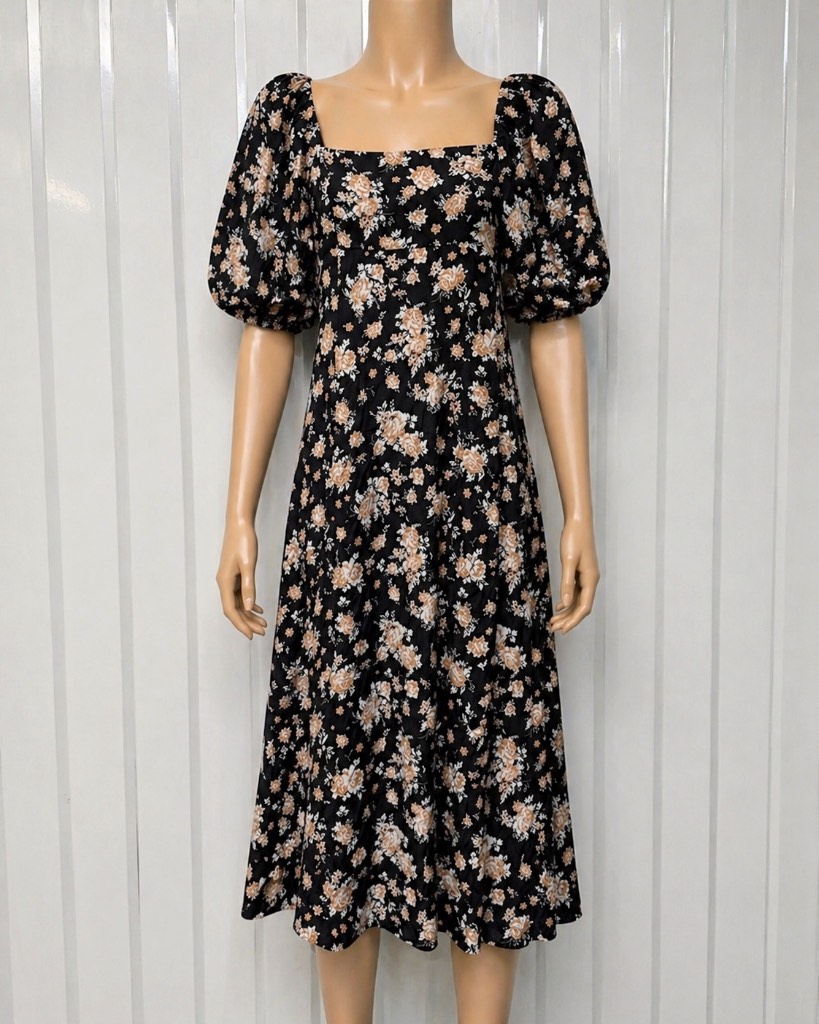 River Island Floral Puff Sleeve Midi Dress UK10 Milkmaid Cottagecore Tea Dress