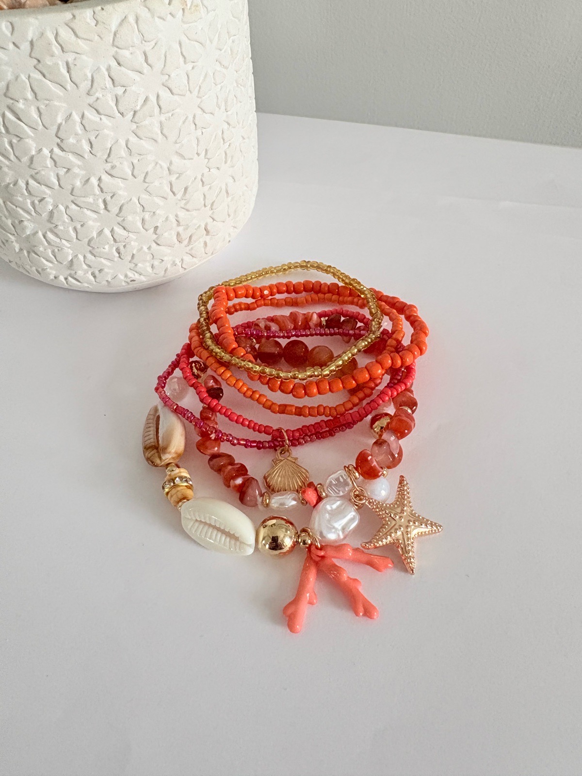 Starfish Seashell stacked bead bracelet orange gold cream summer holidays accessory