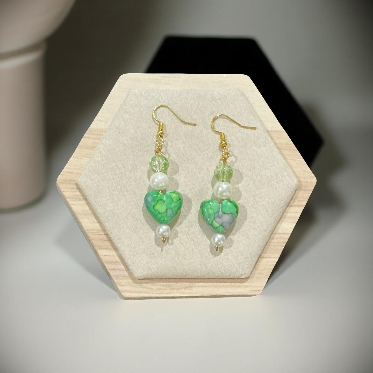 Handmade dangle love heart bead earrings green white ideal for summer holiday outfits