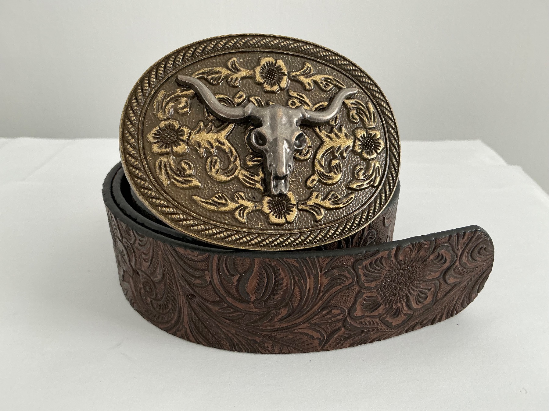 Country & Western bull buckle cowboy cowgirl brown belt 102cm length rodeo boho festivals hen stag