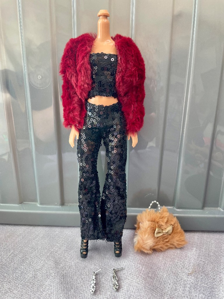 Barbie doll black sequin trousers & top, coat, bag, earrings & shoes NEW