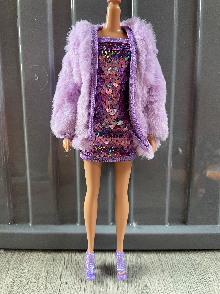 Barbie doll sequin dress, faux fur coat & shoes NEW