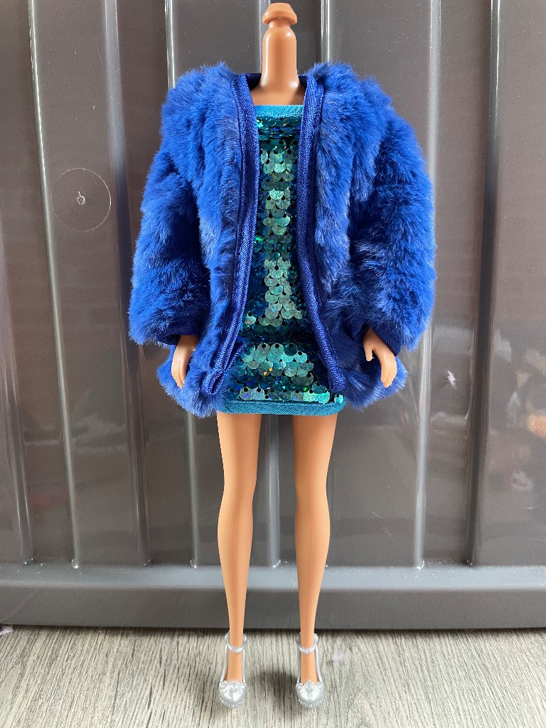 Barbie doll sequin dress, faux fur coat, shoes NEW