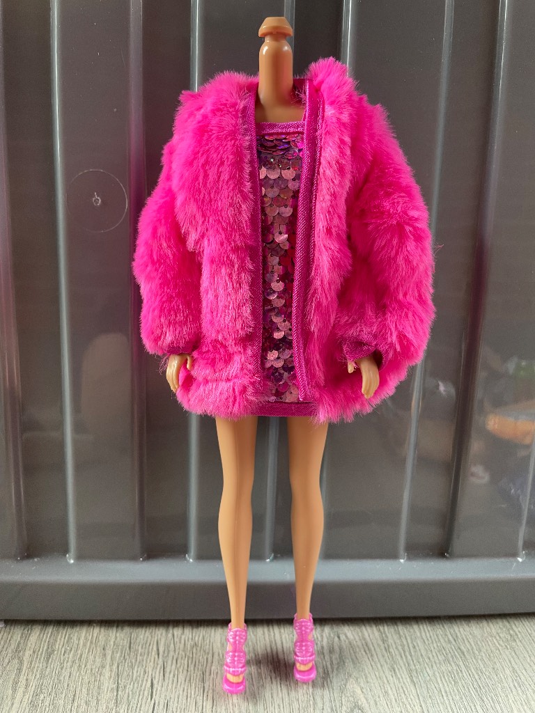 Barbie doll sequin dress, faux fur coat and shoes NEW