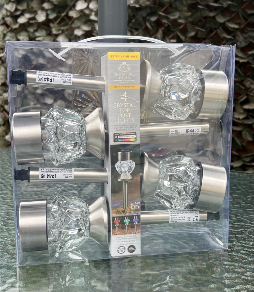 Crystal Top Solar Post Lights - Glass Design, 4 Pack Outdoor Garden Lamps With Colour Changing LEDS