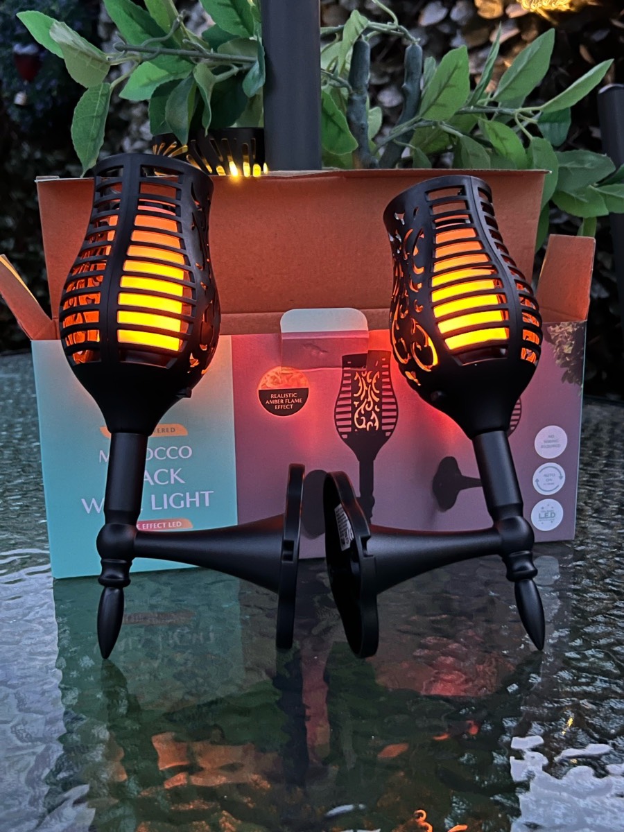 Morocco 2 pack wall light with flame effect LED, Rechargeable batteries included