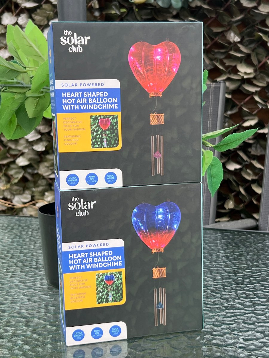 2 X Wind chime heart shaped hot air balloon Garden Solar.Colours Pink/Red/Blue