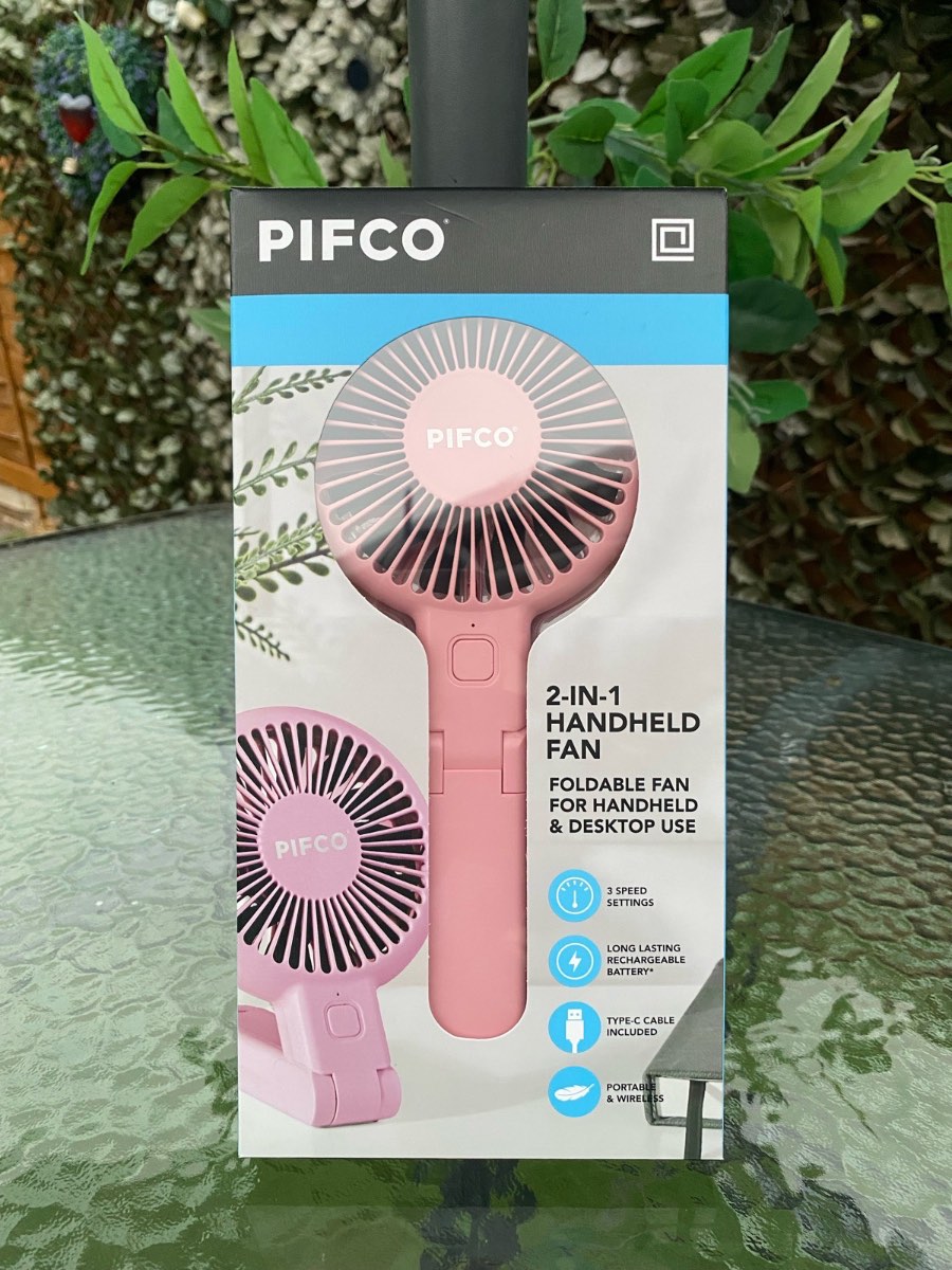 Pifco 2-IN-1 Hand And Desk Fan USB Rechargeable 3 Speed Type C Charging. Pink