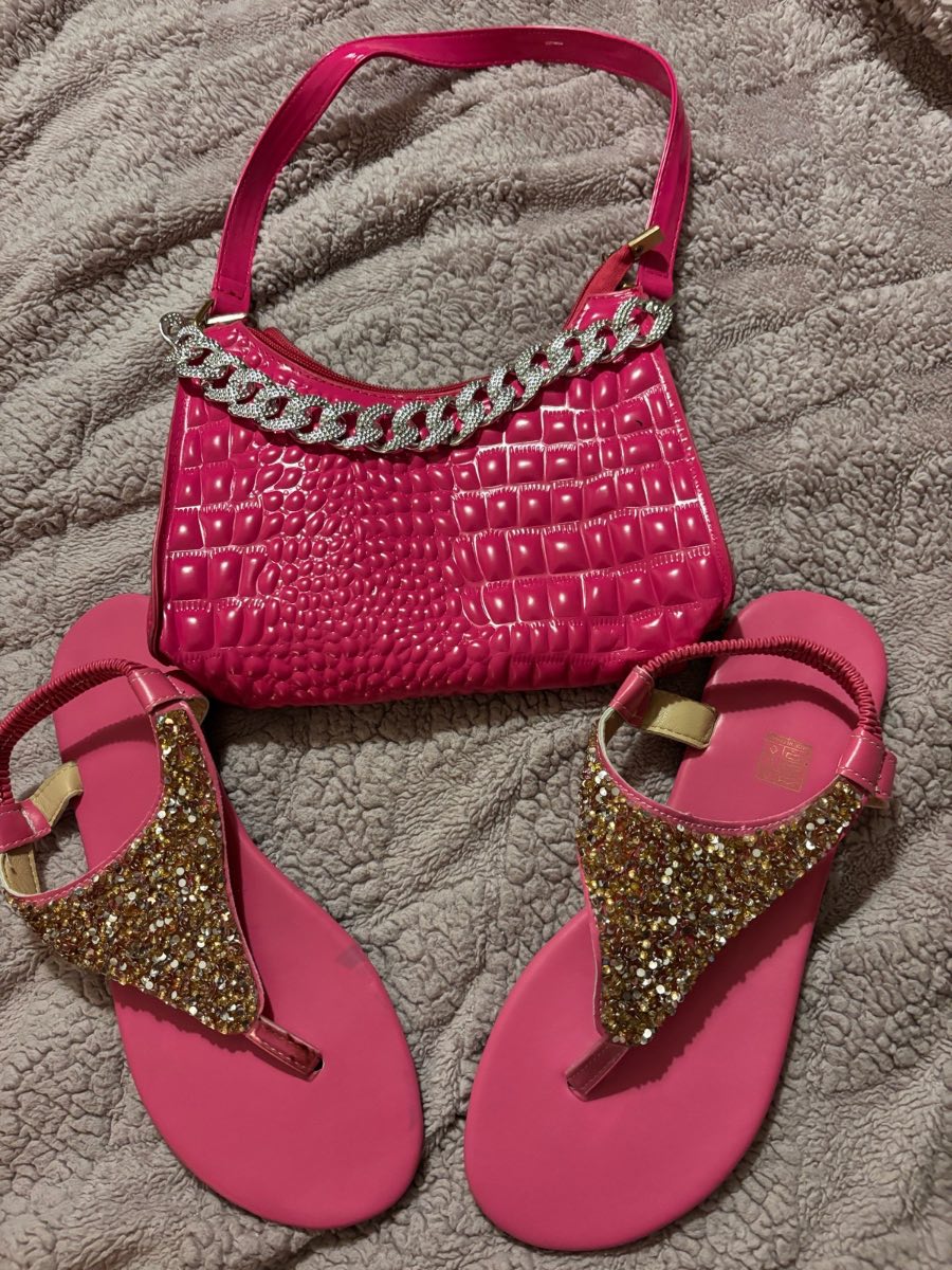 Ladies pink sandals with rhinestones pink bag to match