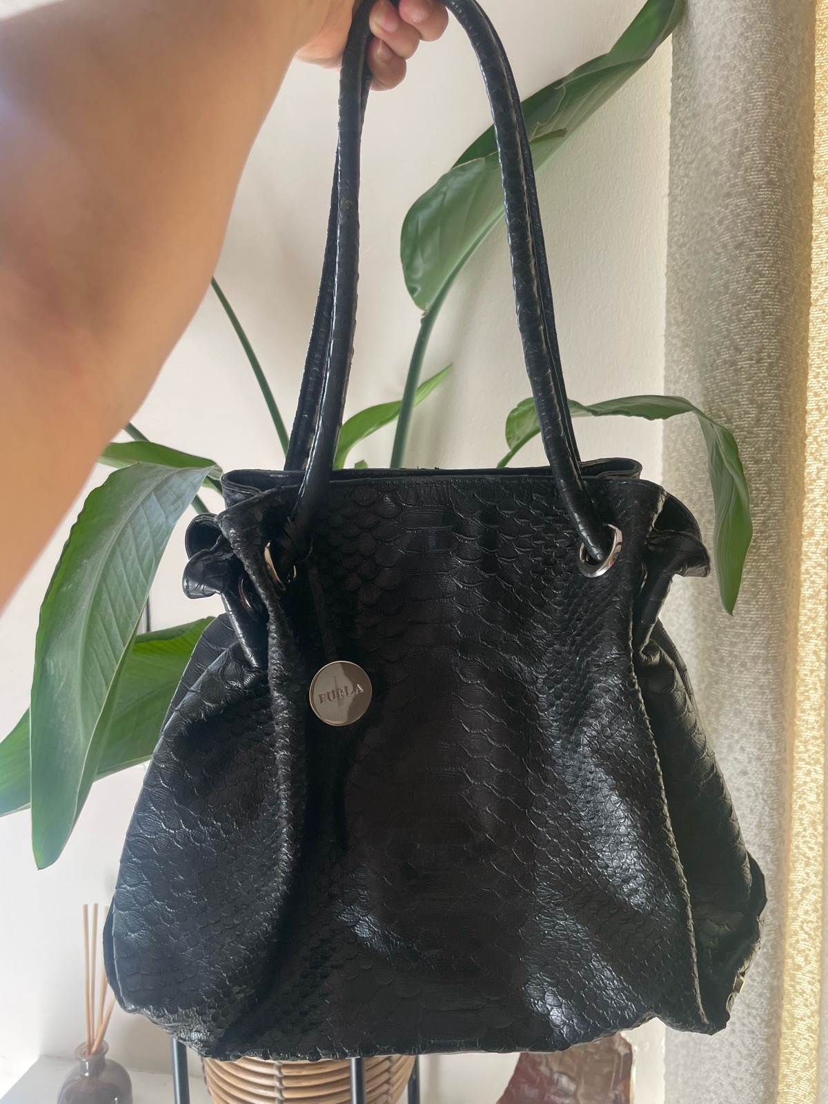 Furla Real Black Leather Snakeskin pattern Embossed Slouchy Hobo Shoulder Bag Handbag VGC