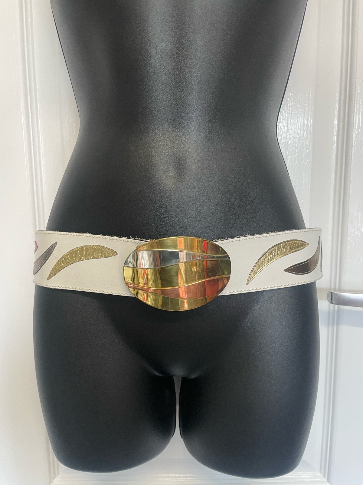 Vintage 1980s Real White Leather Belt Garmann Gold & silver applique solid Brass Buckle Retro 30