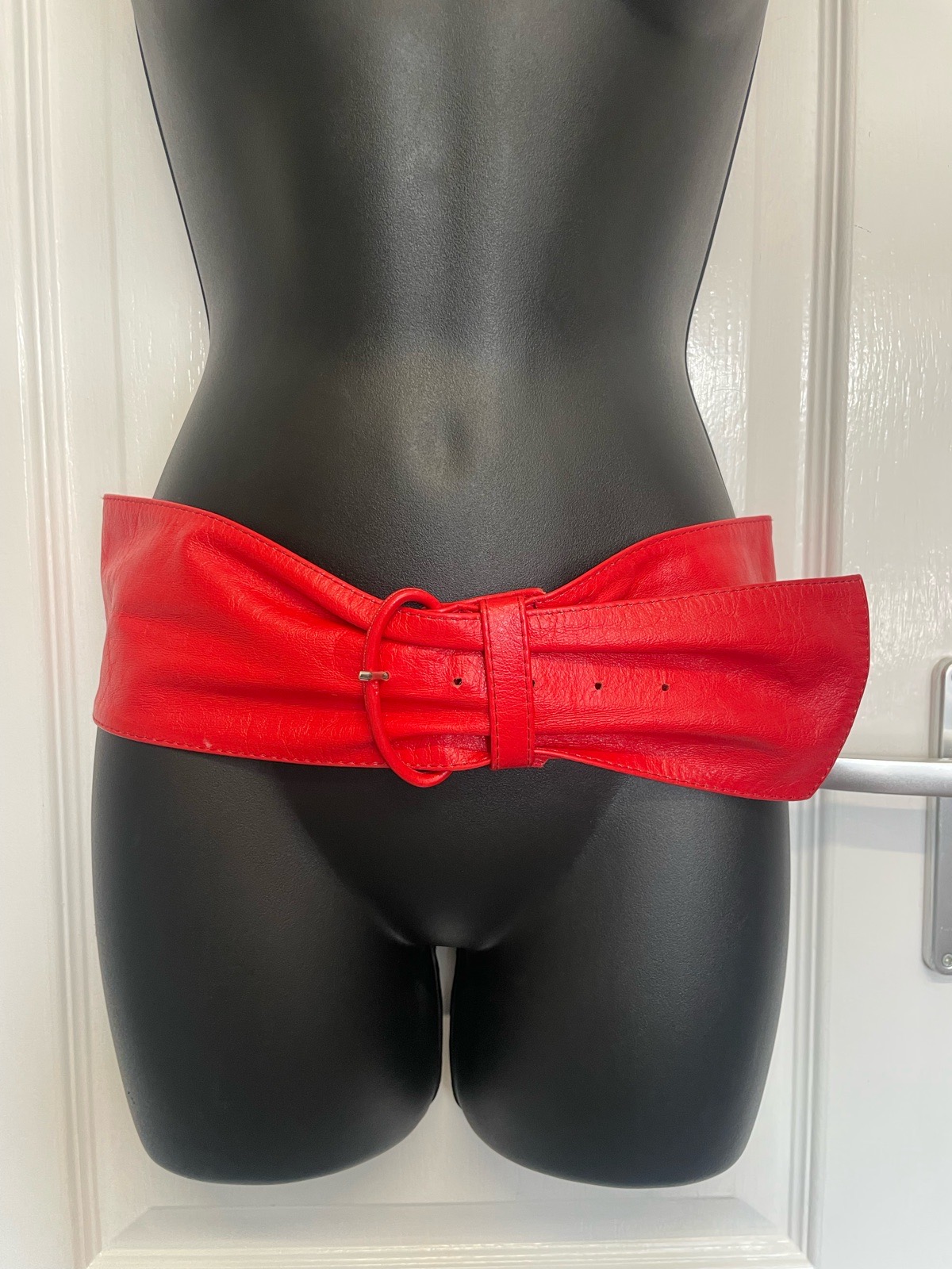 True Vintage 1980s Bright Red Wide Real Leather Wrap Waist Belt Retro Boho 30 32