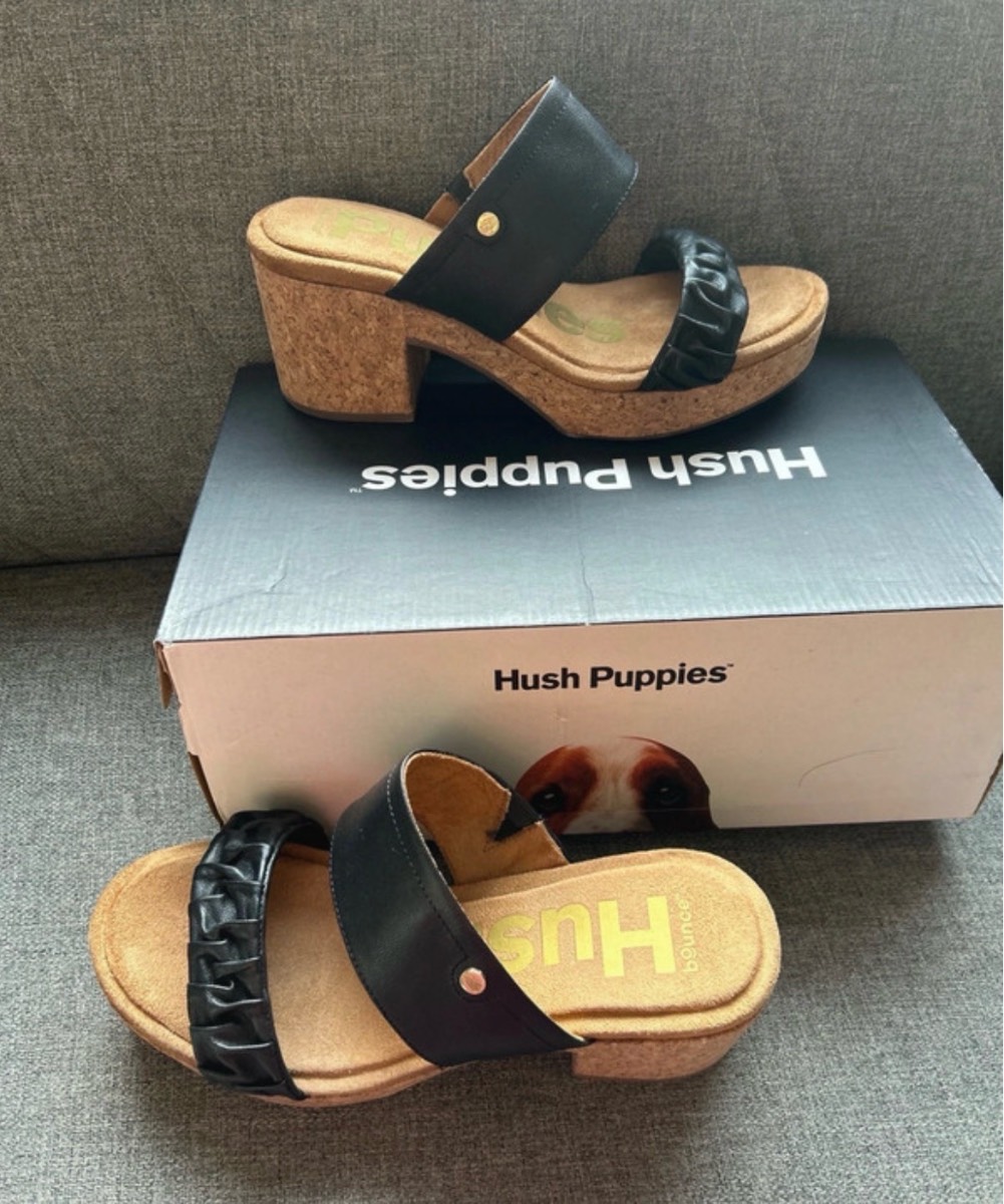 Hush Puppies Poppy Ruched Sliders Bold Black Leather Sandals Shoes Size uk:7