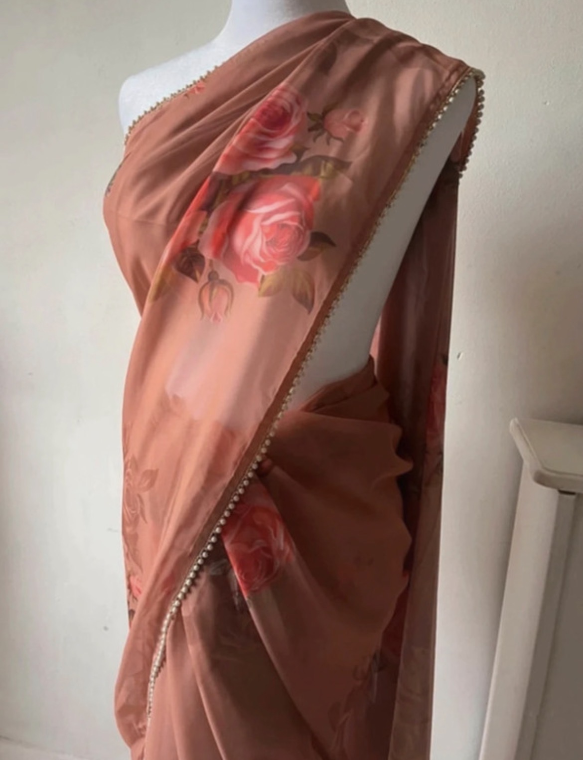 Saree Indian,Bollywood style saree, Dusty Rose Floral Georgette Saree with Pearl Lace Border