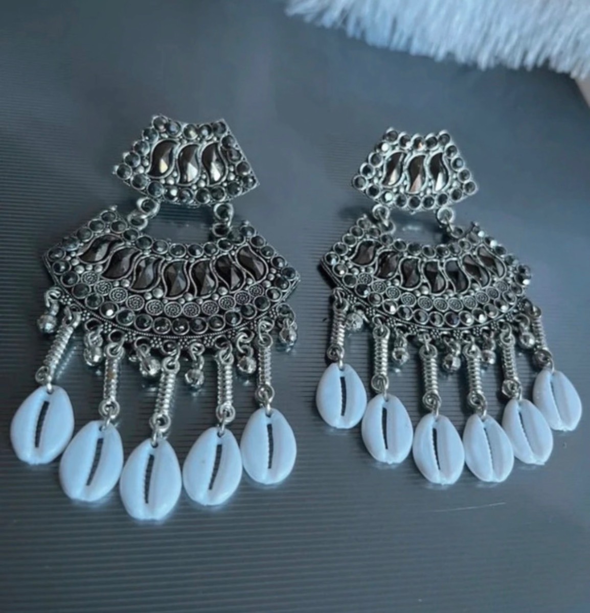 Large Gunmetal Boho Chandelier Earrings - Cowrie Shell & Crystal Accents