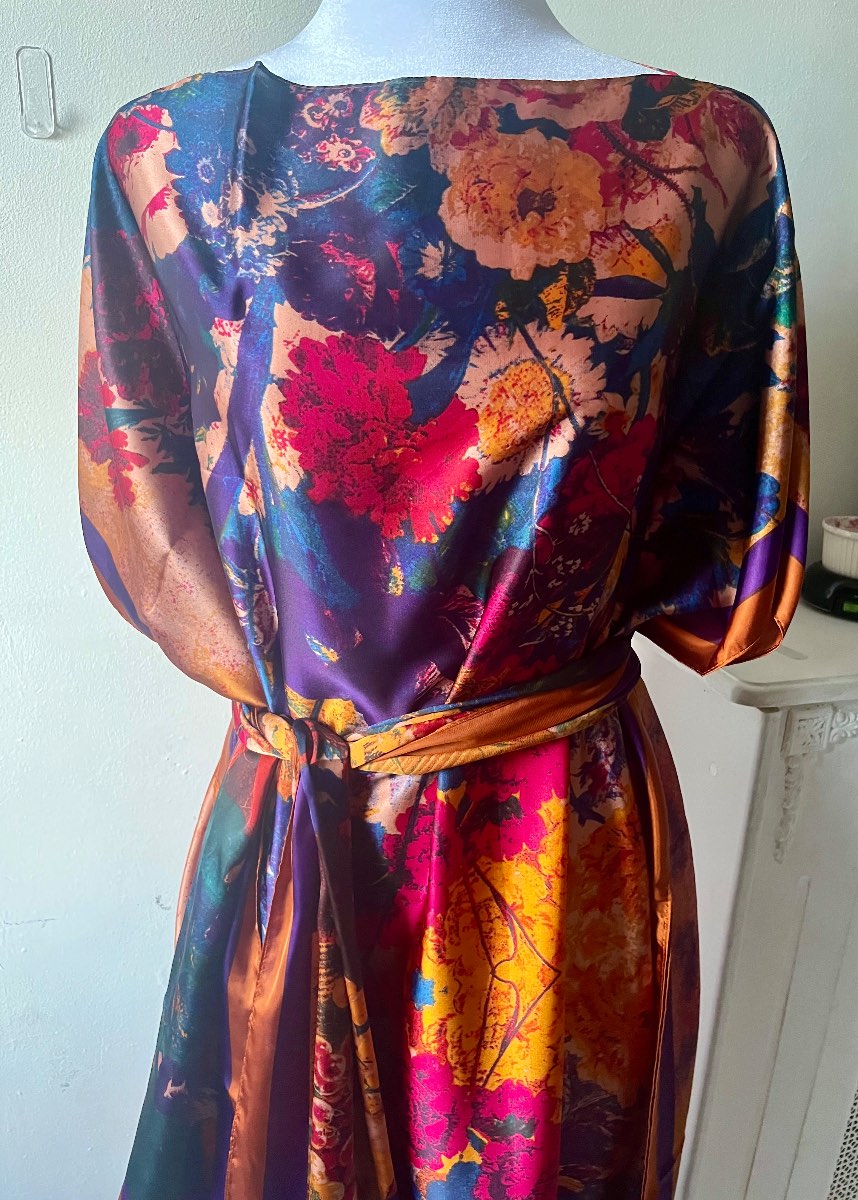 Luxury Floral Silk-Feel Kaftan Maxi Dress with Matching Scarf / Belt | One Size, plus size free size