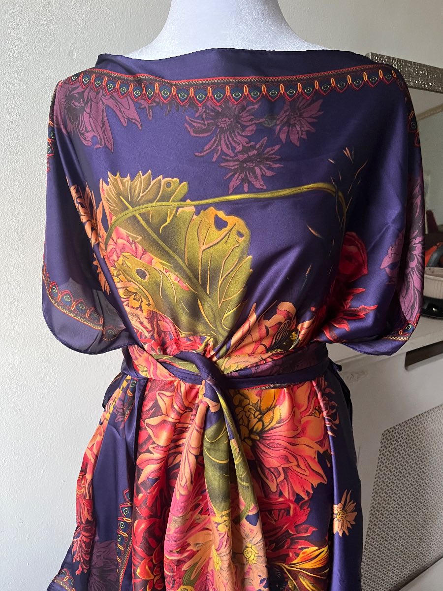 Floral Satin feel Kaftan Dress with Matching Scarf, plus size, one size