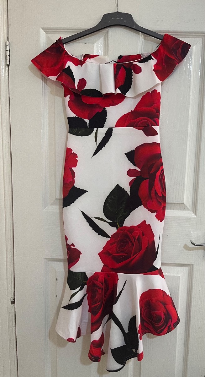 QUIZ Red Rose Floral Bardot Fishtail Midi Dress - Size UK 8 / EU 36