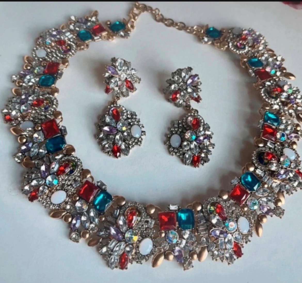 Stunning Multi-Coloured Crystal Statement Necklace & Earrings Set