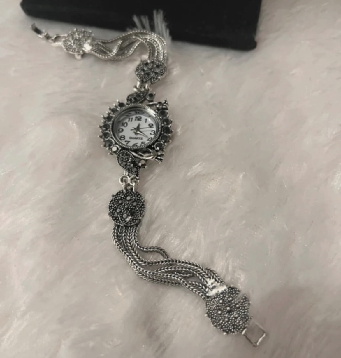 Vintage Style bracelet watch, multi-strand silver chain.