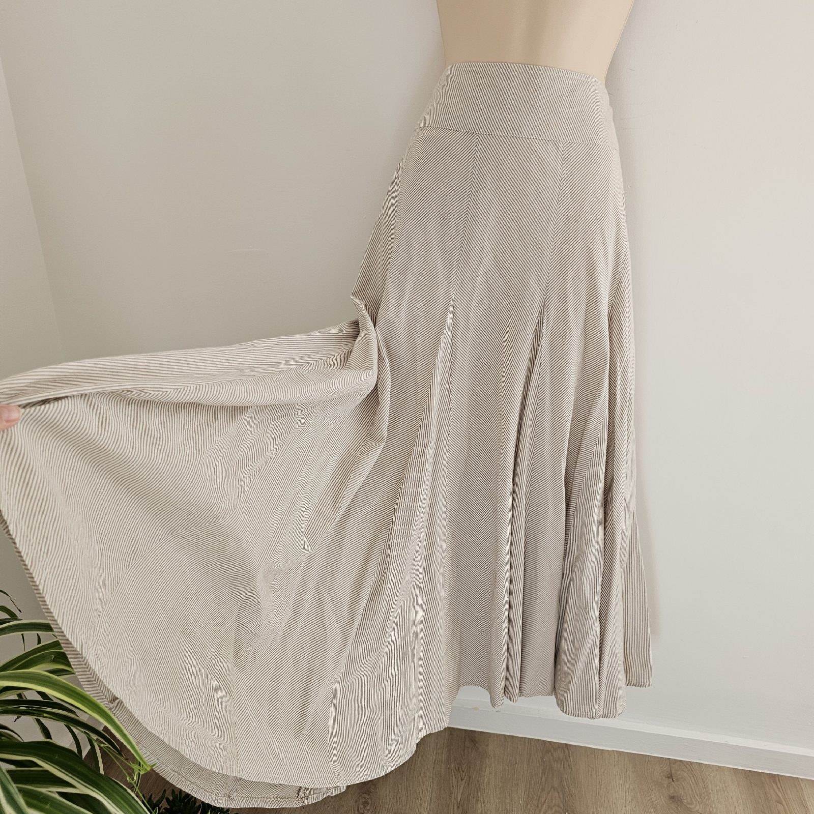 Monsoon beige striped flared maxi skirt cotton boho coastal casual UK 18