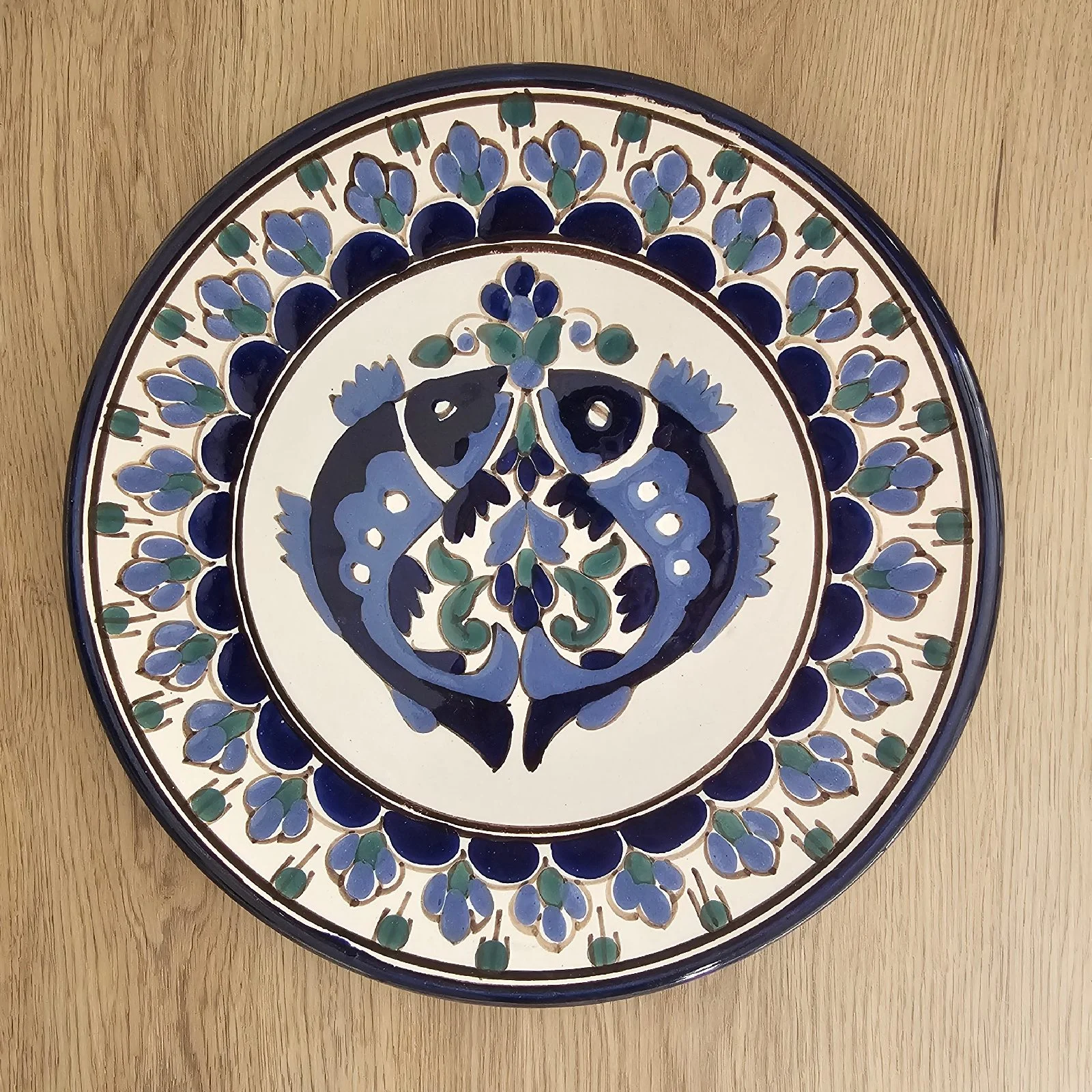 Vtg Tunisian blue hand-painted ceramic wall plate fish gallery wall home decor boho