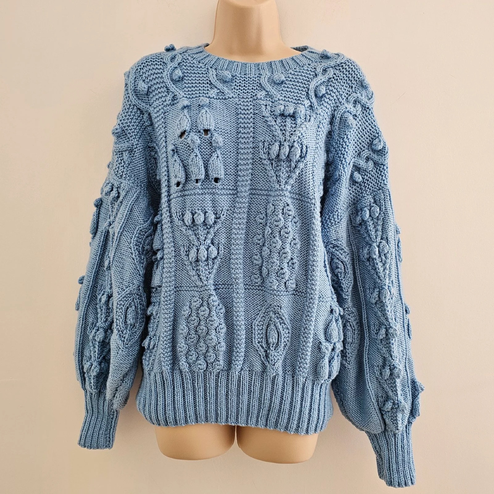 Vtg blue handmade chunky knit jumper long balloon sleeves UK 12 Retro grandmachic winter pullover