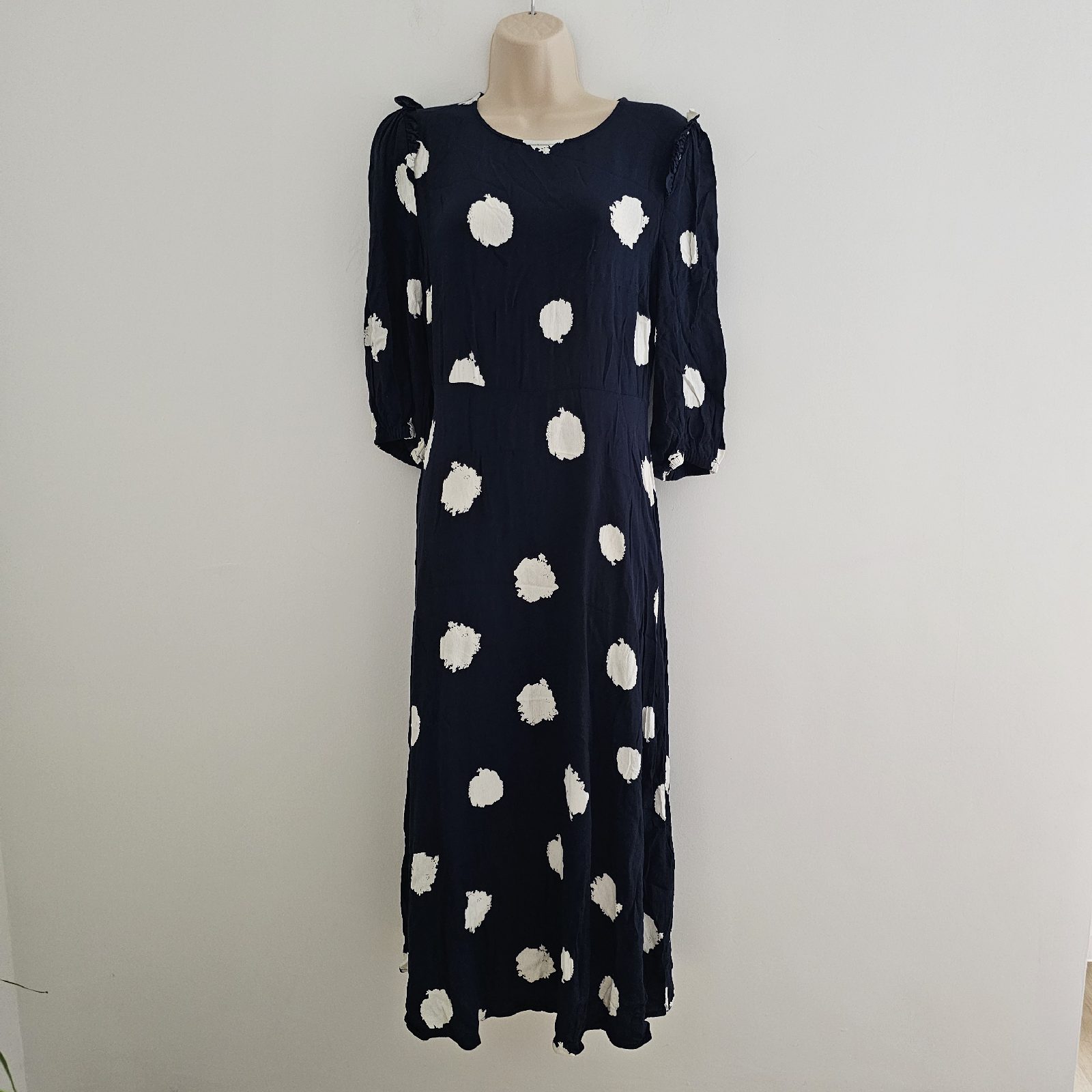 Navy spot print midaxi dress viscose 3/4 sleeves polka dot tea dress romantic work weddings 12