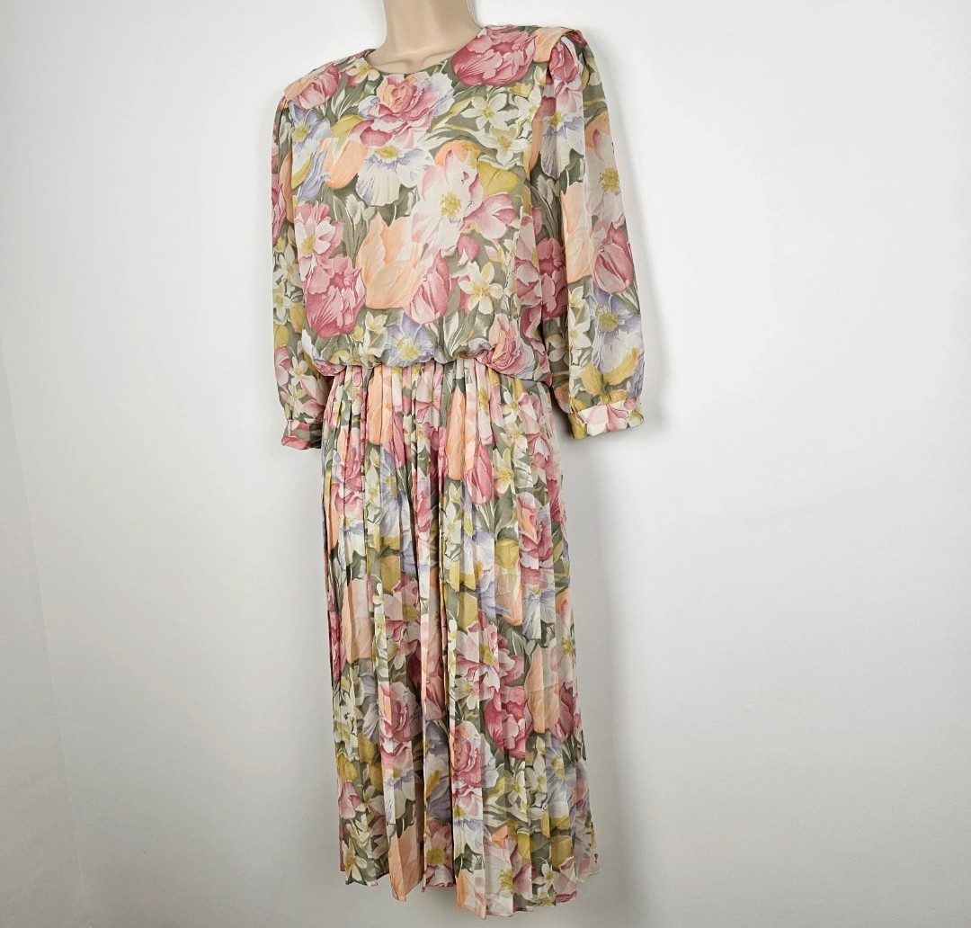 Vintage 80s 90s VLP Floral Pleated Blouson Dress UK 8 romantic wedding guest