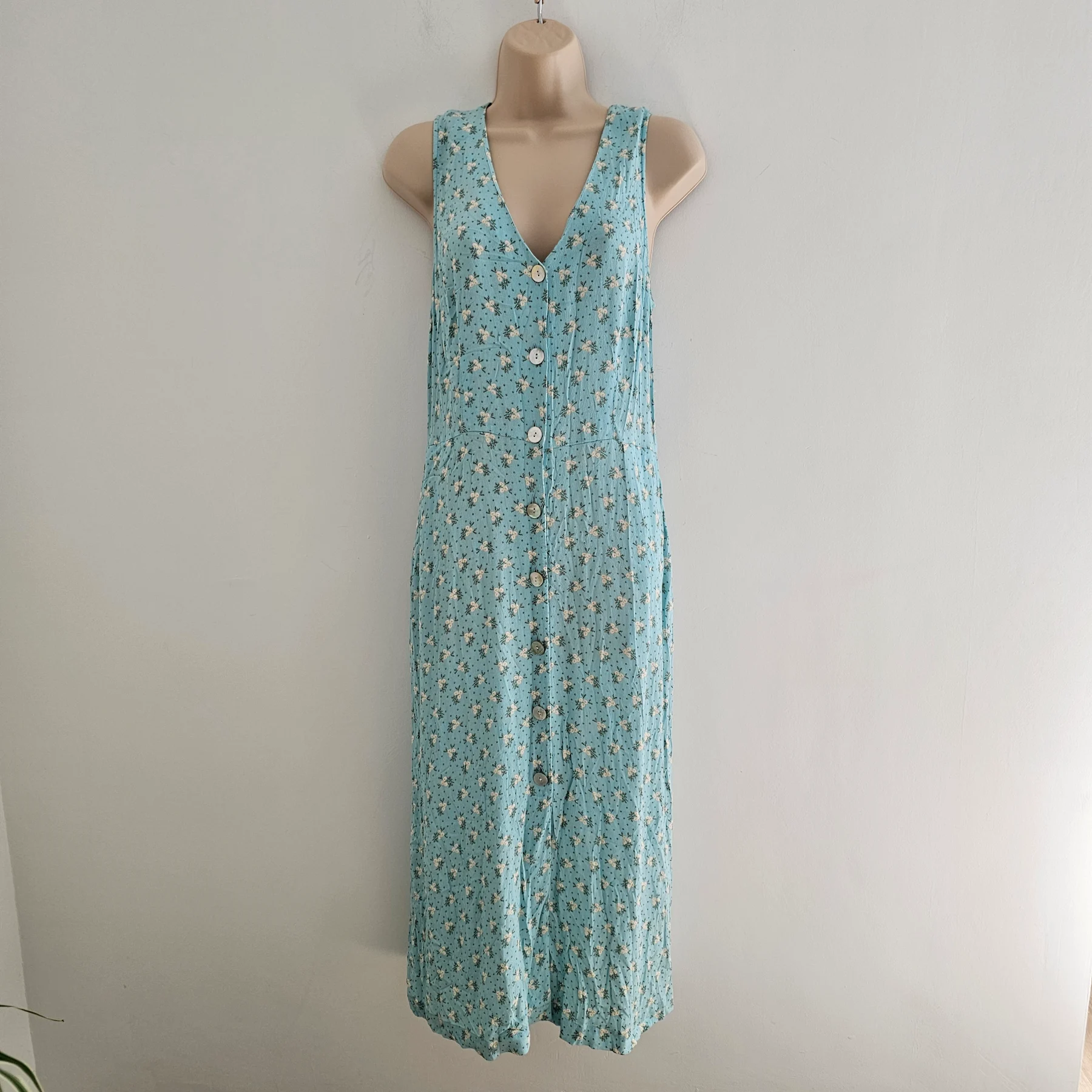 & Other Stories blue ditsy button down midi dress pockets
