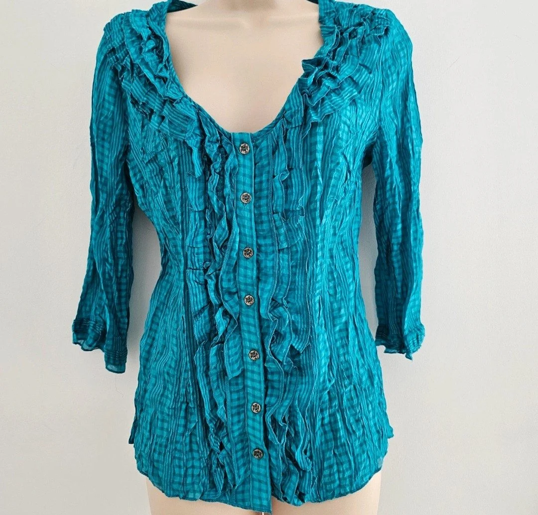 Y2K Per Una turquoise lightweight frill top 3/4 sleeves UK10