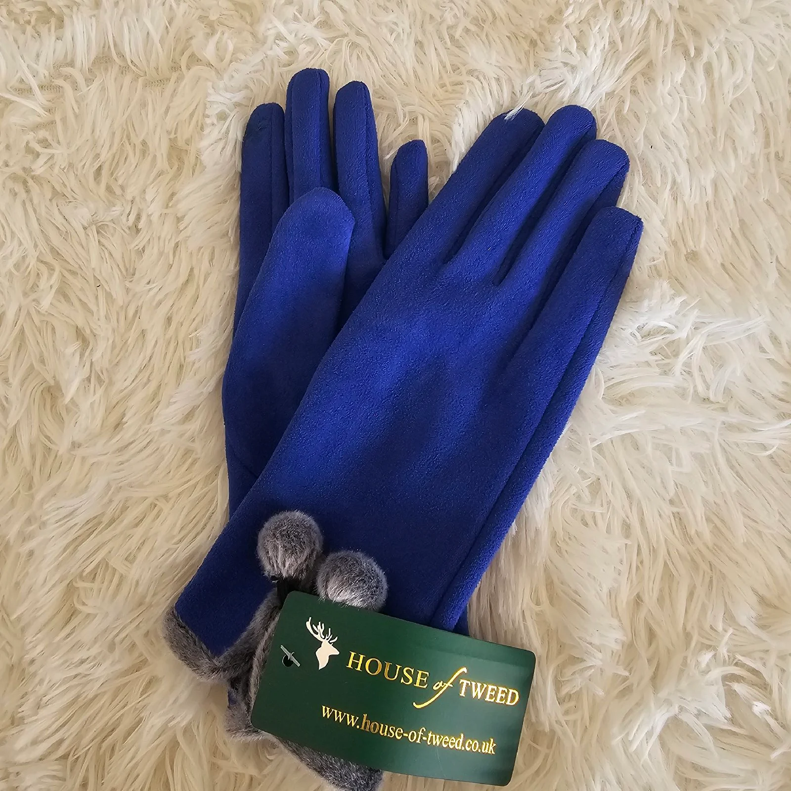 Royal blue faux suede soft gloves pom-poms country heritage classic winter chic BNWT