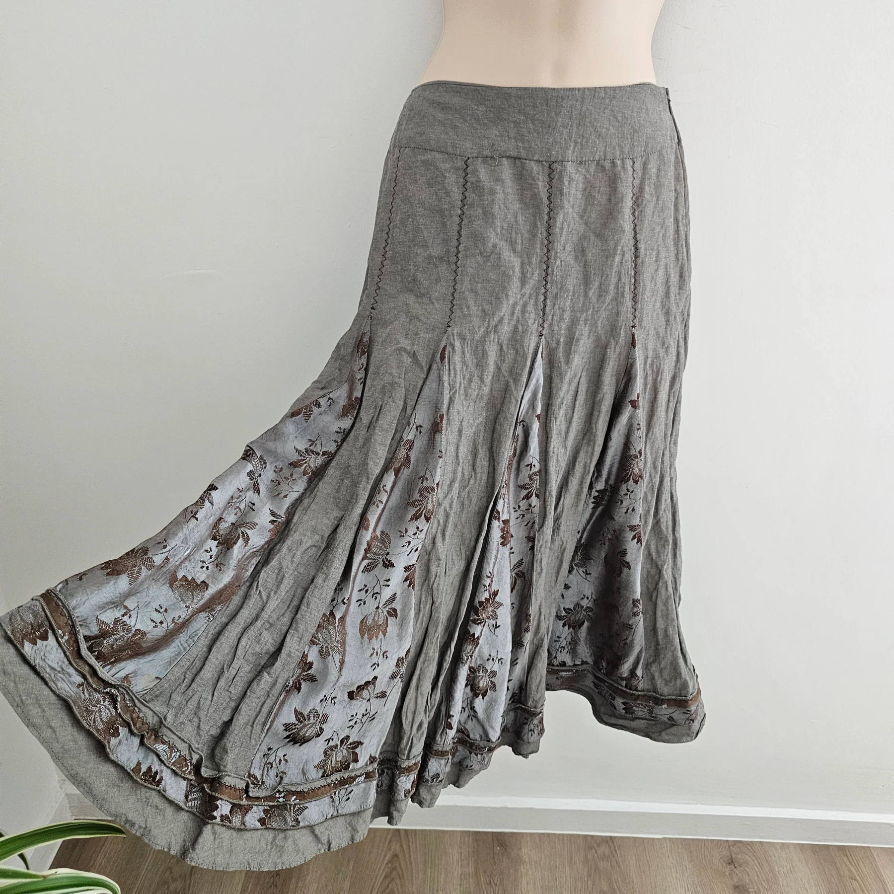 Vtg M&S taupe grey Flowy cotton blend midi skirt panels jacquard Y2K boho wedding festival 10