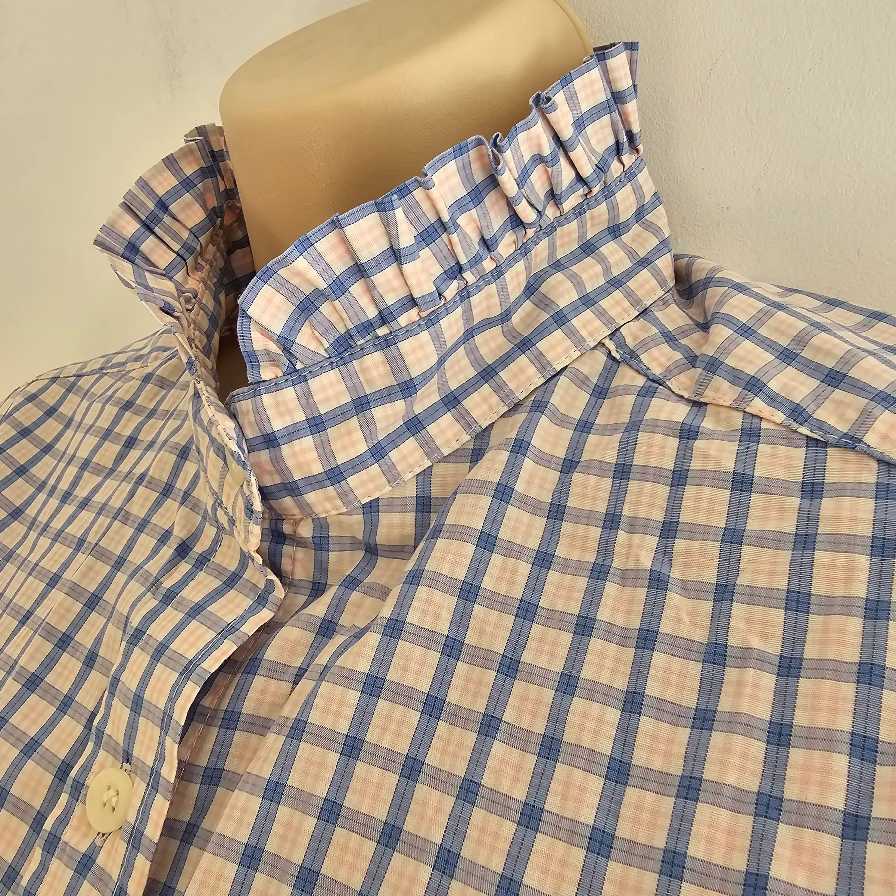 Vtg blue Gingham Check shirt short sleeves ruffle collar prairie 80s UK 14-16 work casual