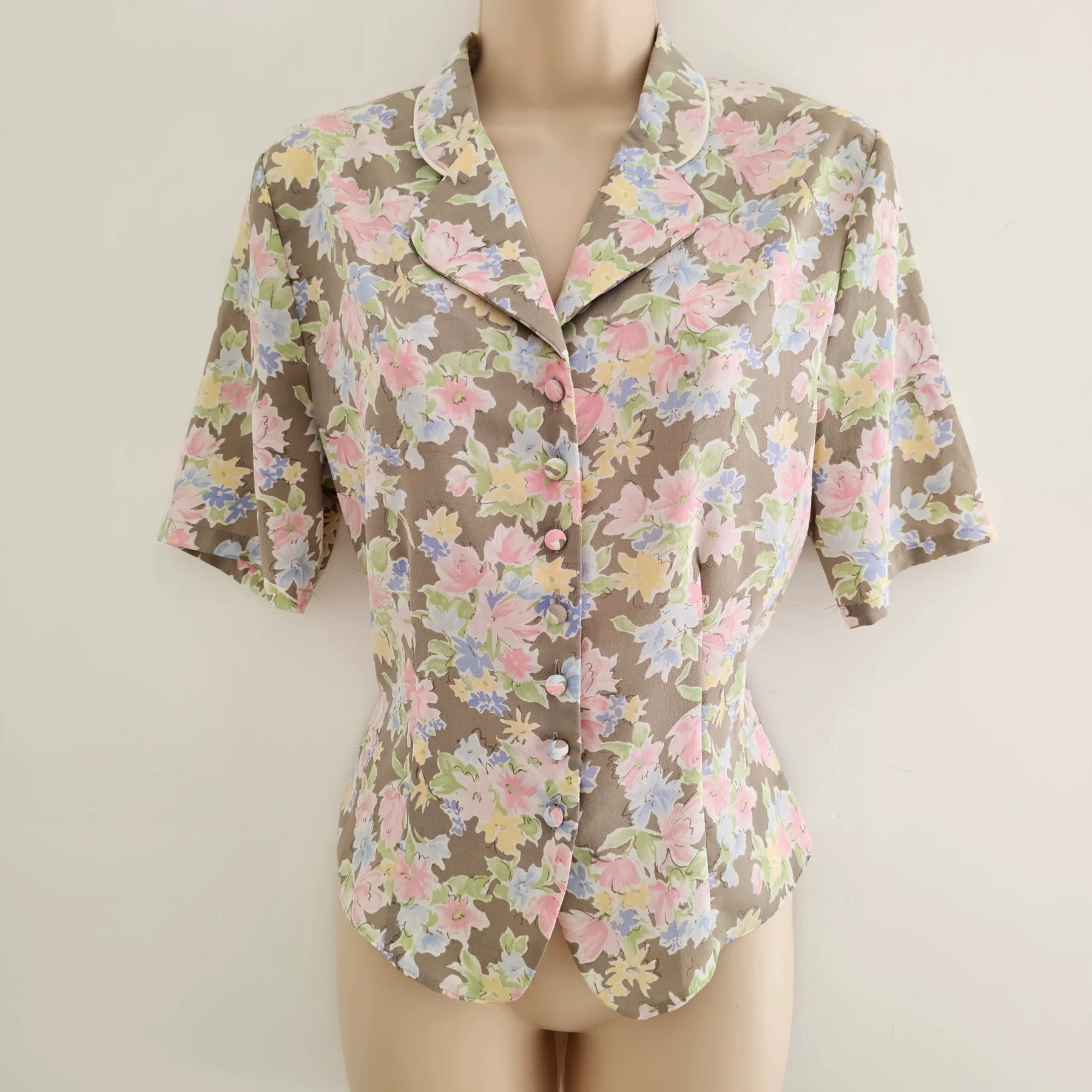 Vtg St Michael taupe floral blouse short sleeves retro cottagecore 8