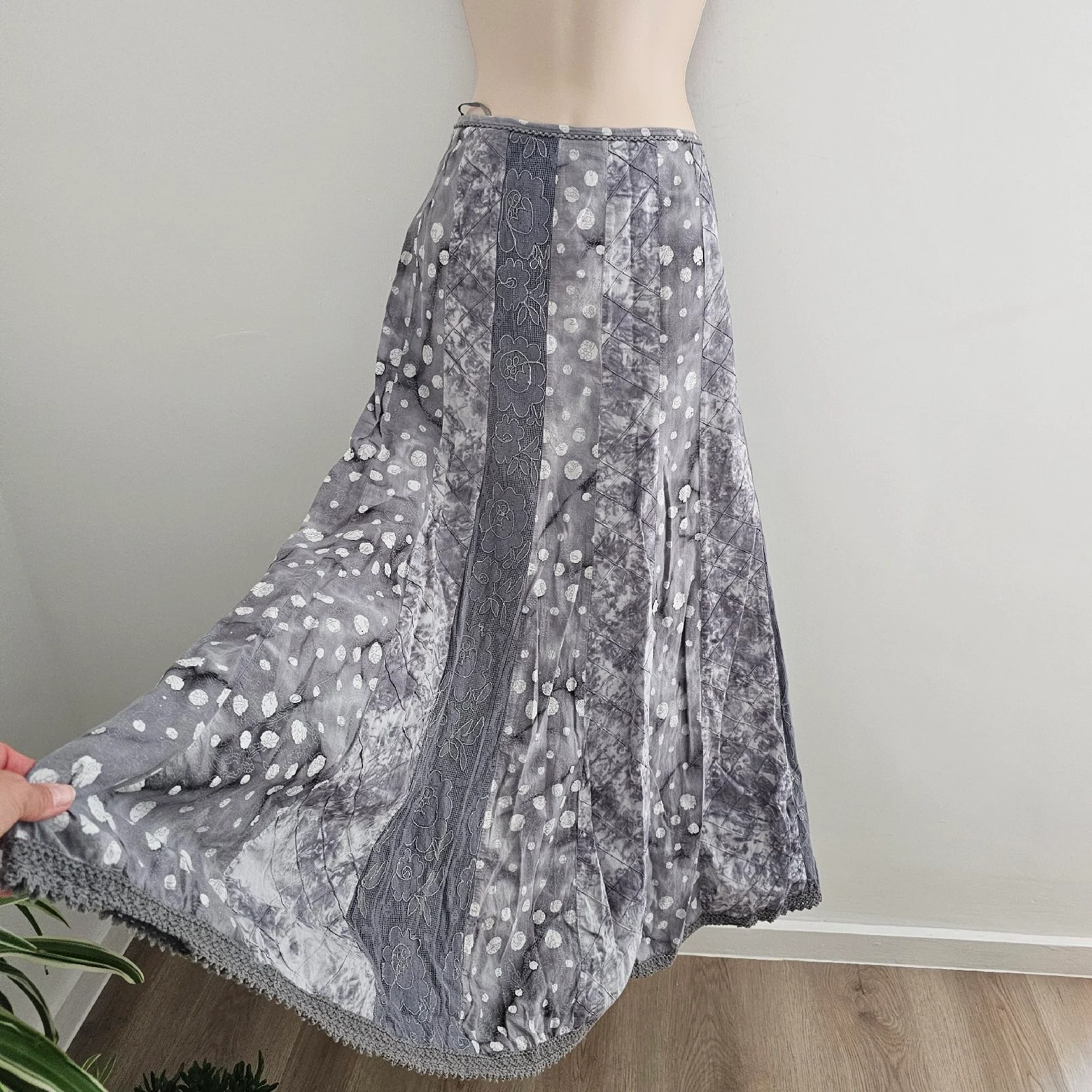 Vtg Y2K Per Una grey cotton midaxi skirt panelled polka dot lace whimsigoth boho fairy grunge 14