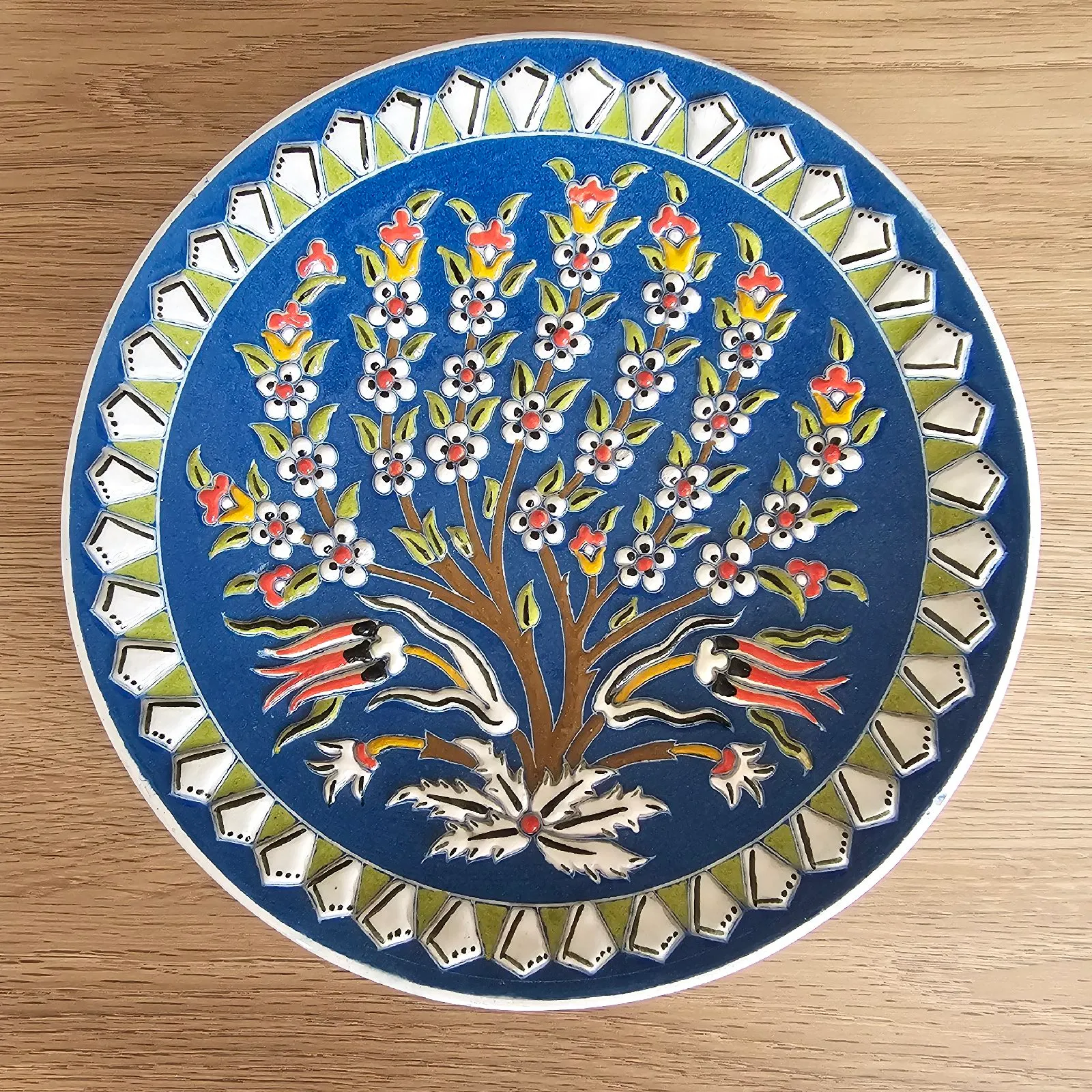 Vtg cobalt Turkish Tree of Life ceramic plate 3D gallery wall art home decor boho