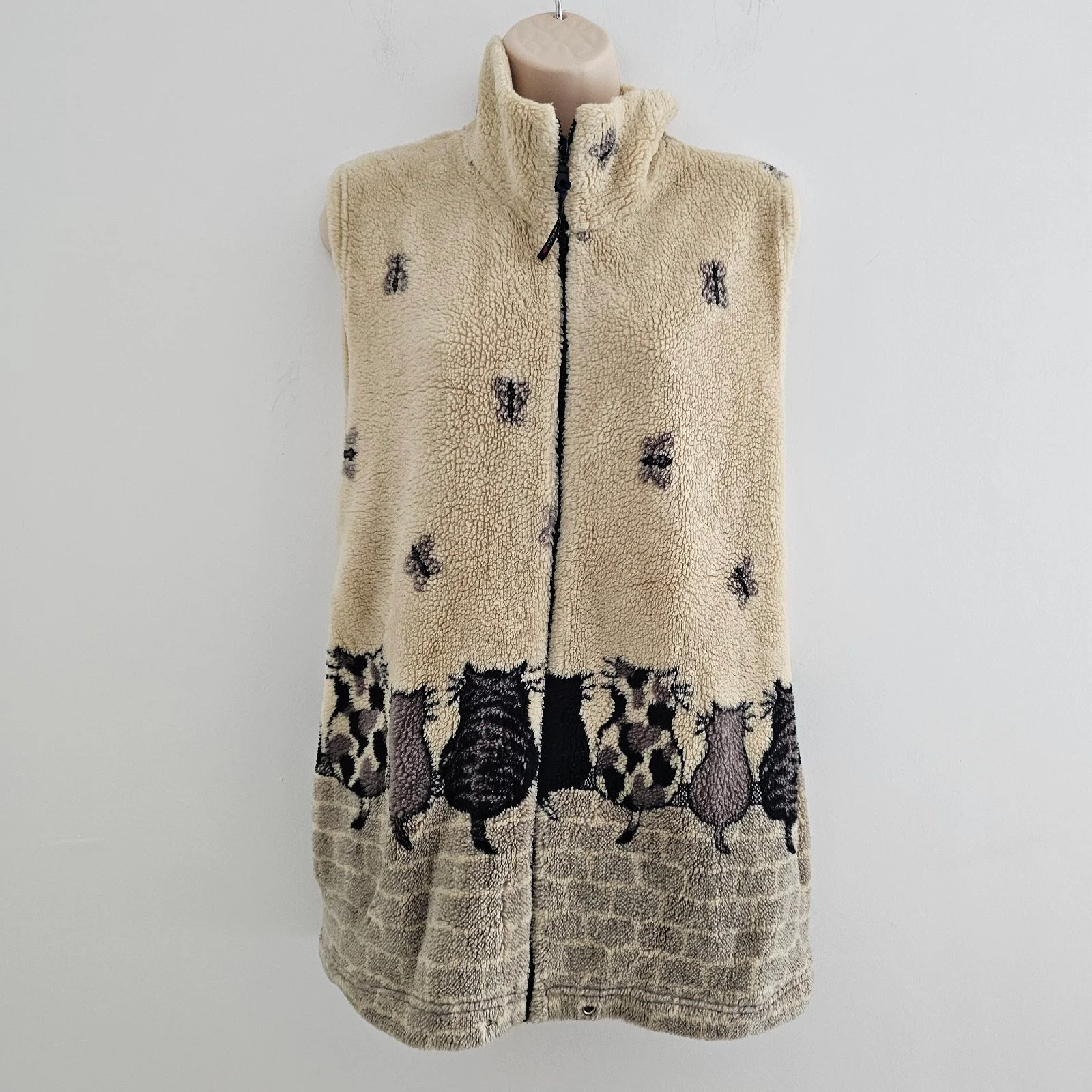 Vtg Radish Cat Fleece Vest Gilet Pockets 90s Waistcoat Catlover Grannycore UK 16