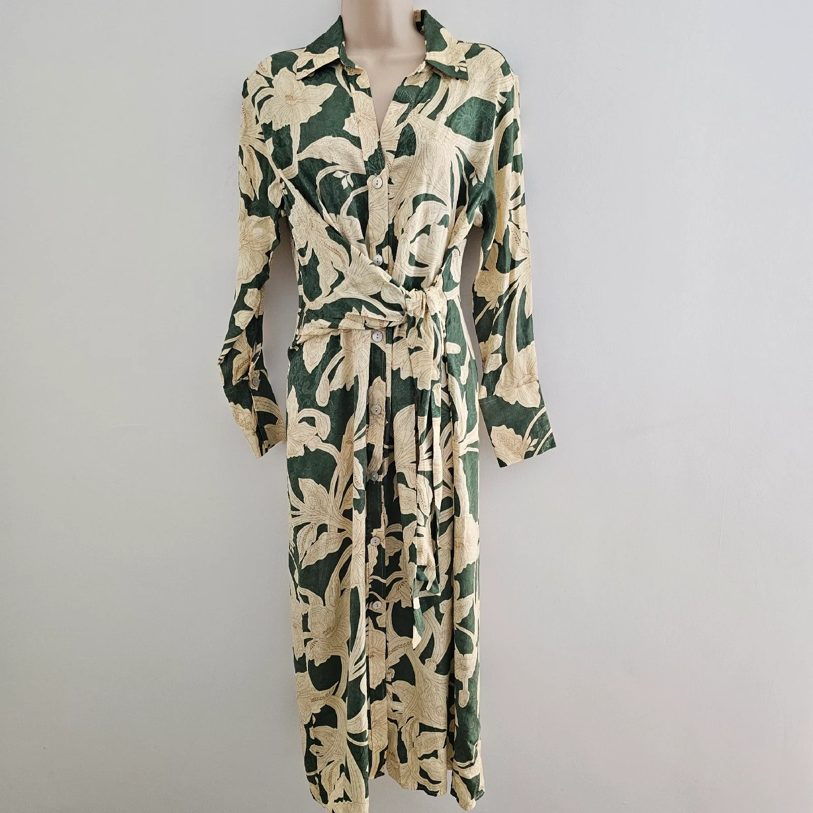 Green floral jacquard midi shirt dress long-sleeved wedding races cocktail boho chic S/10