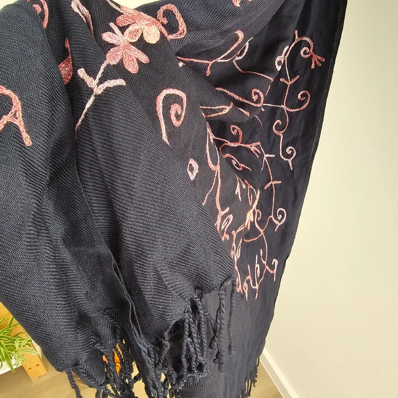 Navy pink Embroidered Scarf Shawl Wrap romantic boho oversized Pashmina-style wedding accessory