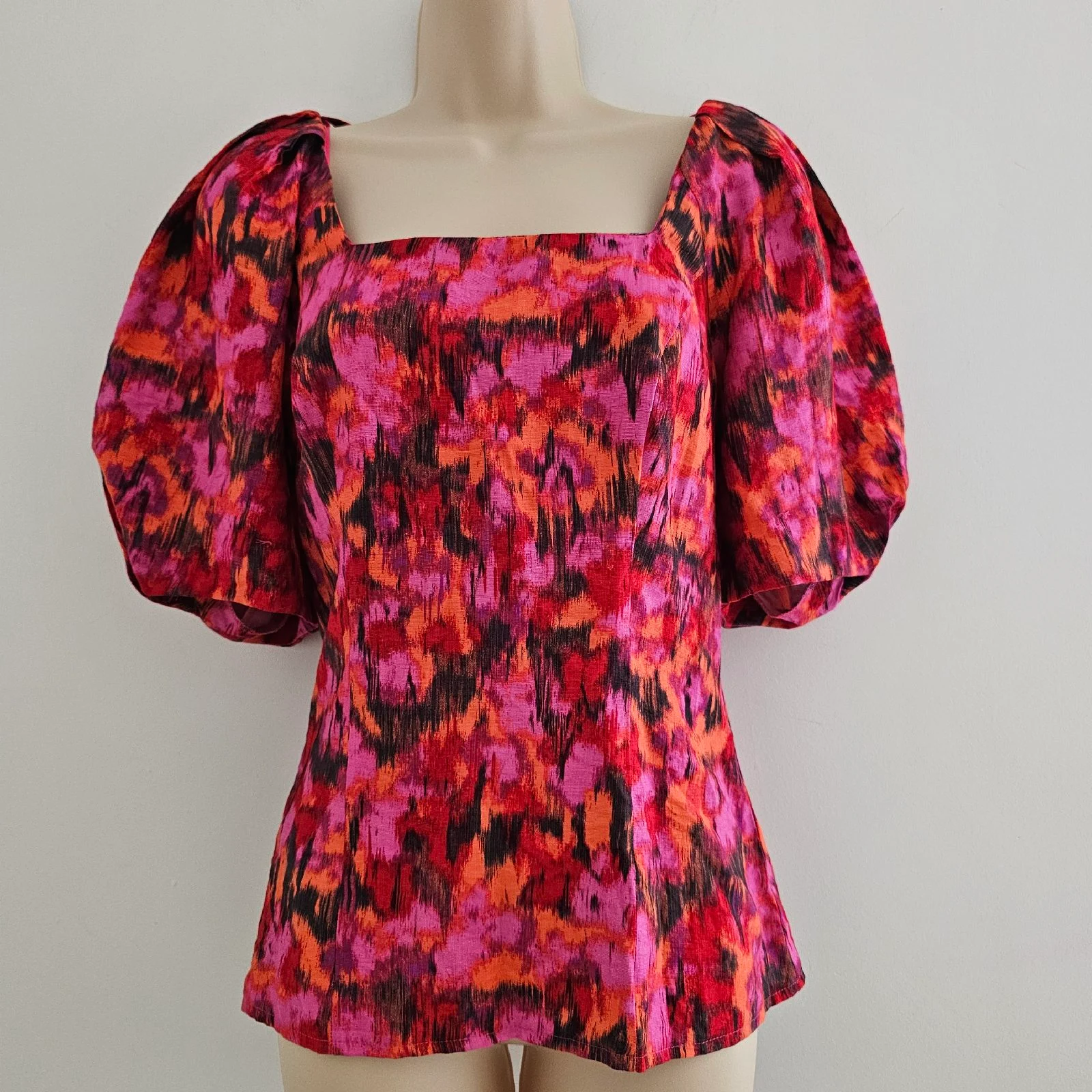 Pink red abstract print top short puff sleeves summer smocked back maximalist boho 10 BNWT