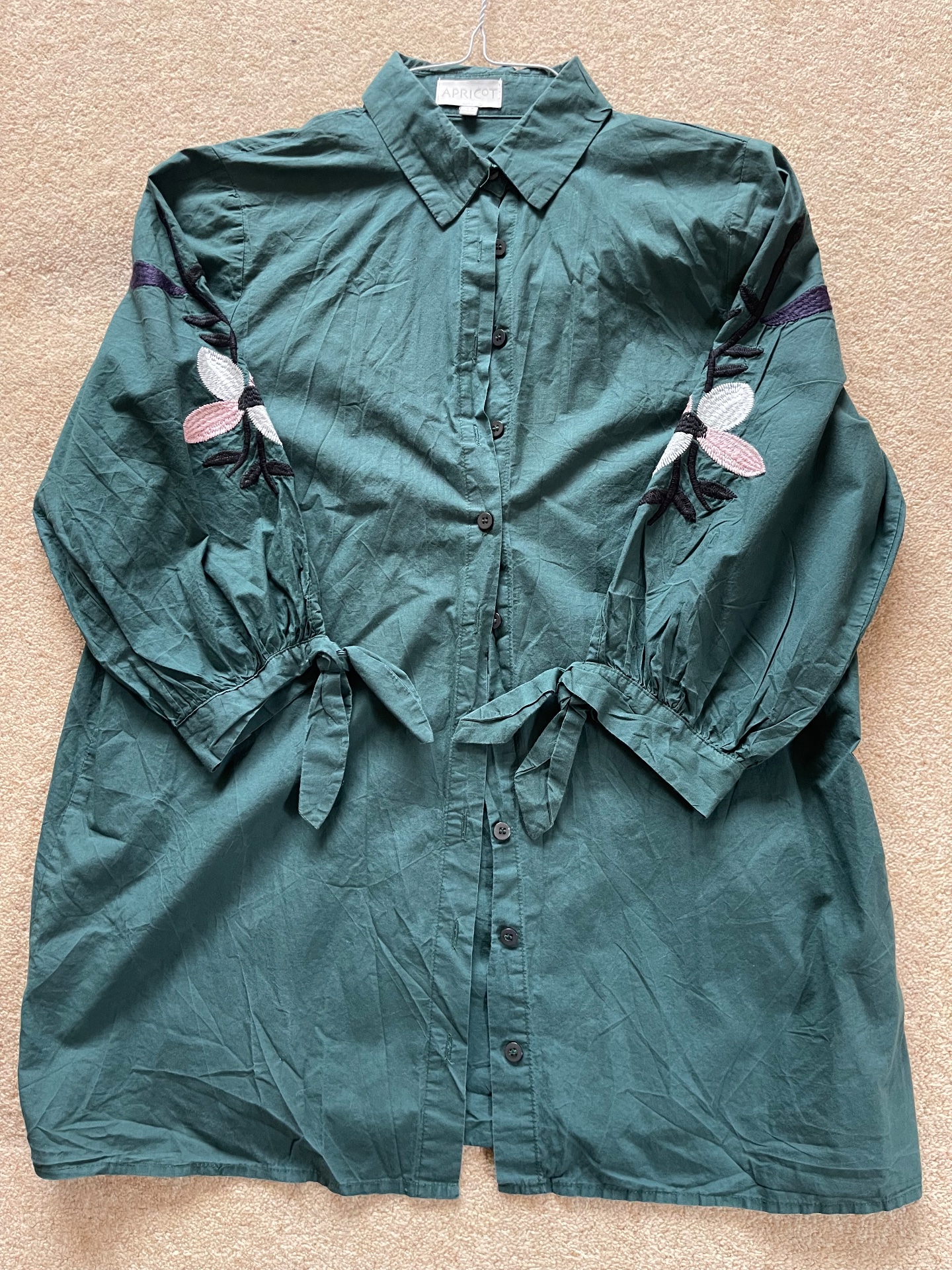 Apricot Cotton Dark Green 3/4 Sleeve Floral Embroidery Oversized Shirt Size 8