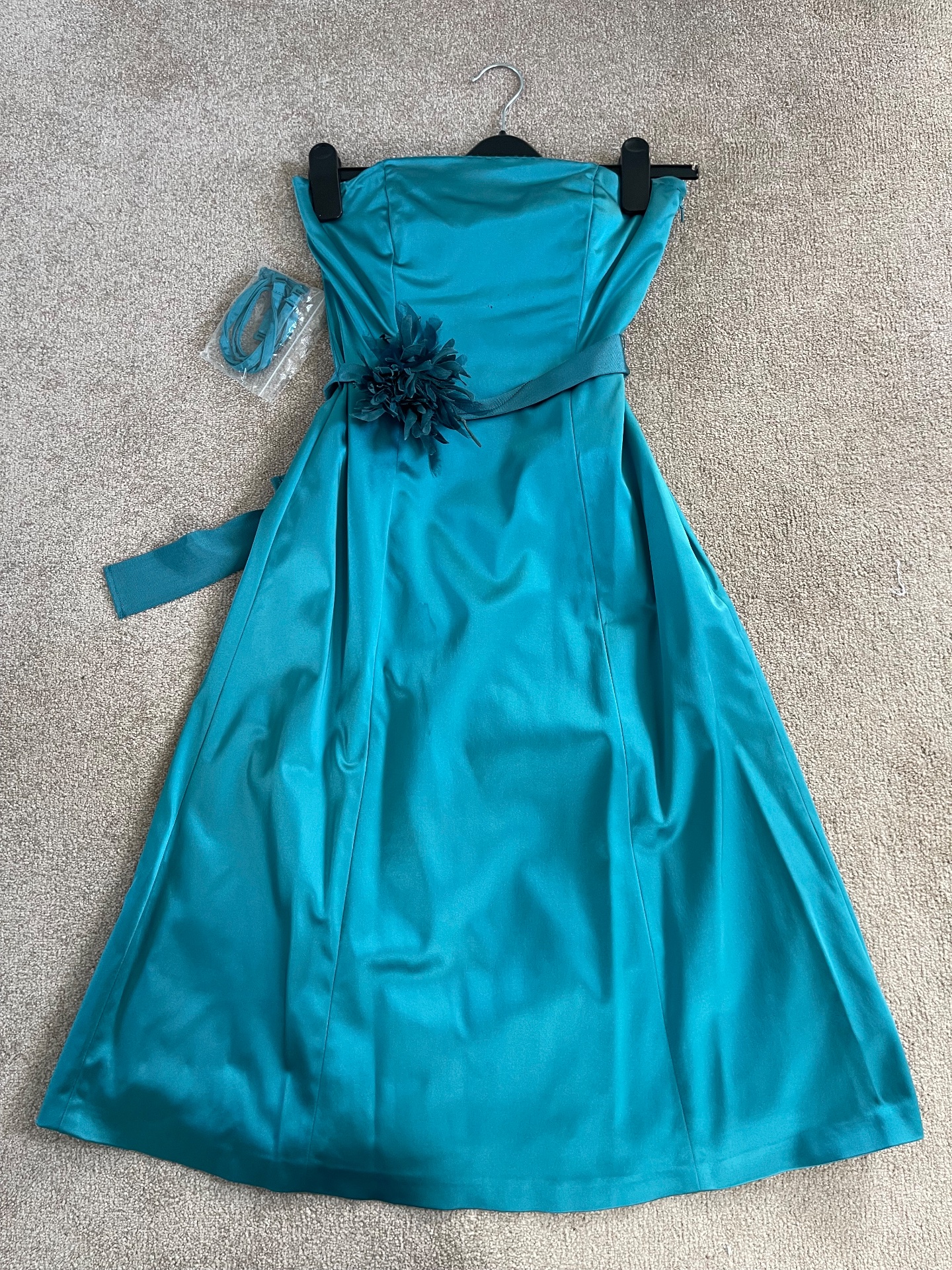 Turquoise Satin Coast Strapless Dress With Detachable Flower Belt.
