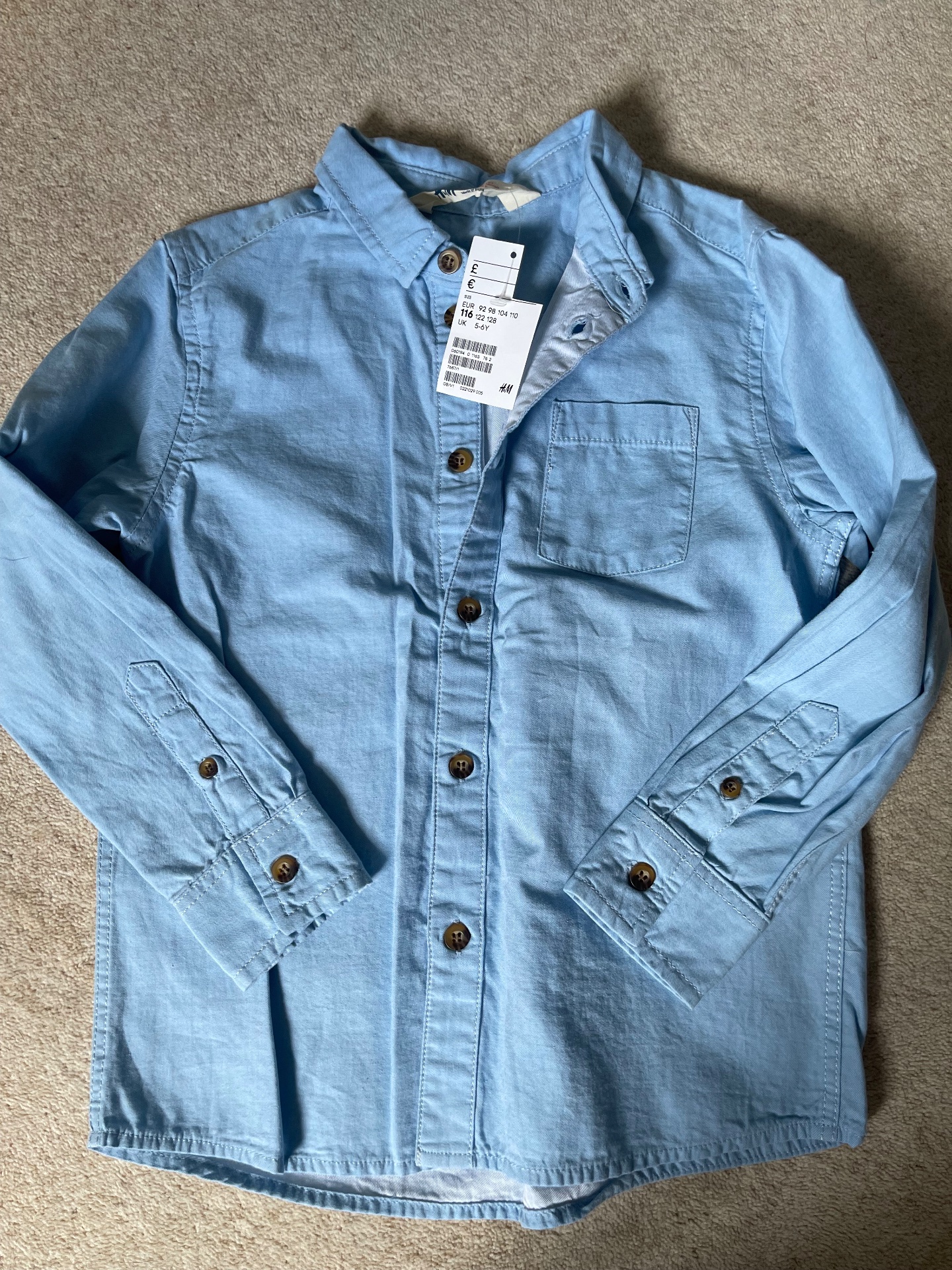 H&M Boys Blue Long Sleeved Cotton Shirt. BNWT Age 5-6y