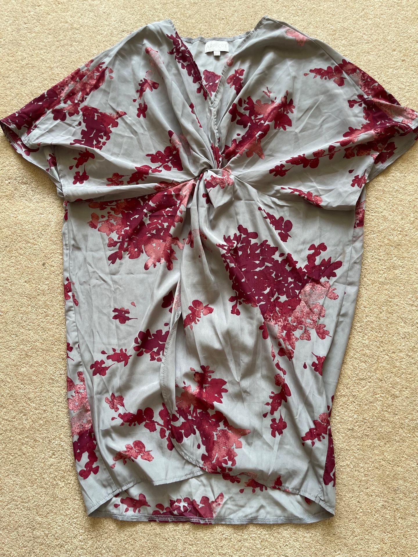 Apricot grey and burgundy floral knot-front dress. Size 8